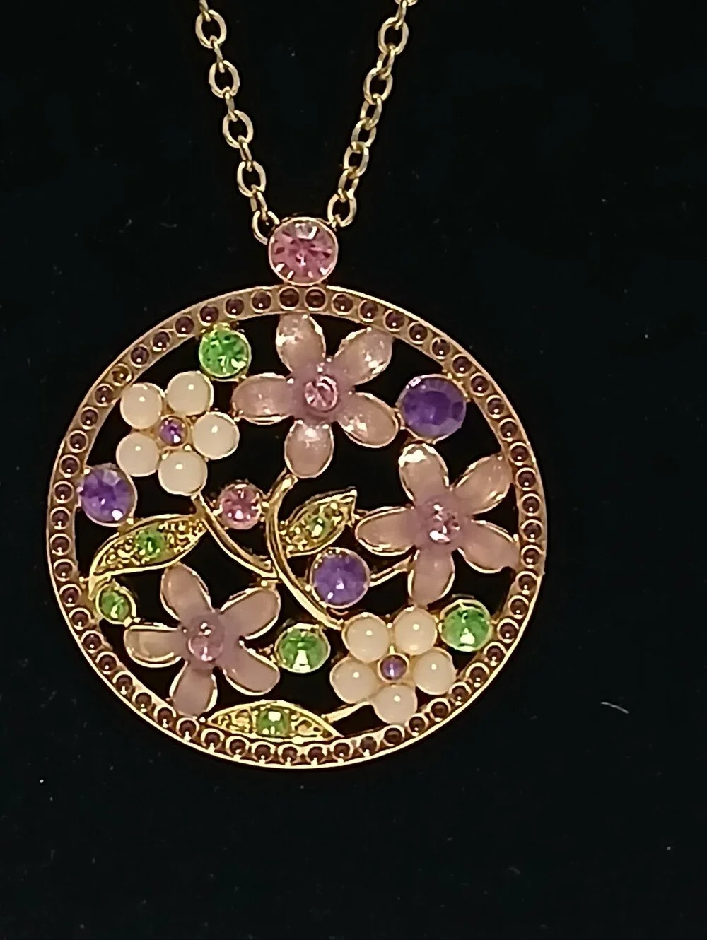 Gold Tone Round Floral Multicolor Crystal Pendant Necklace